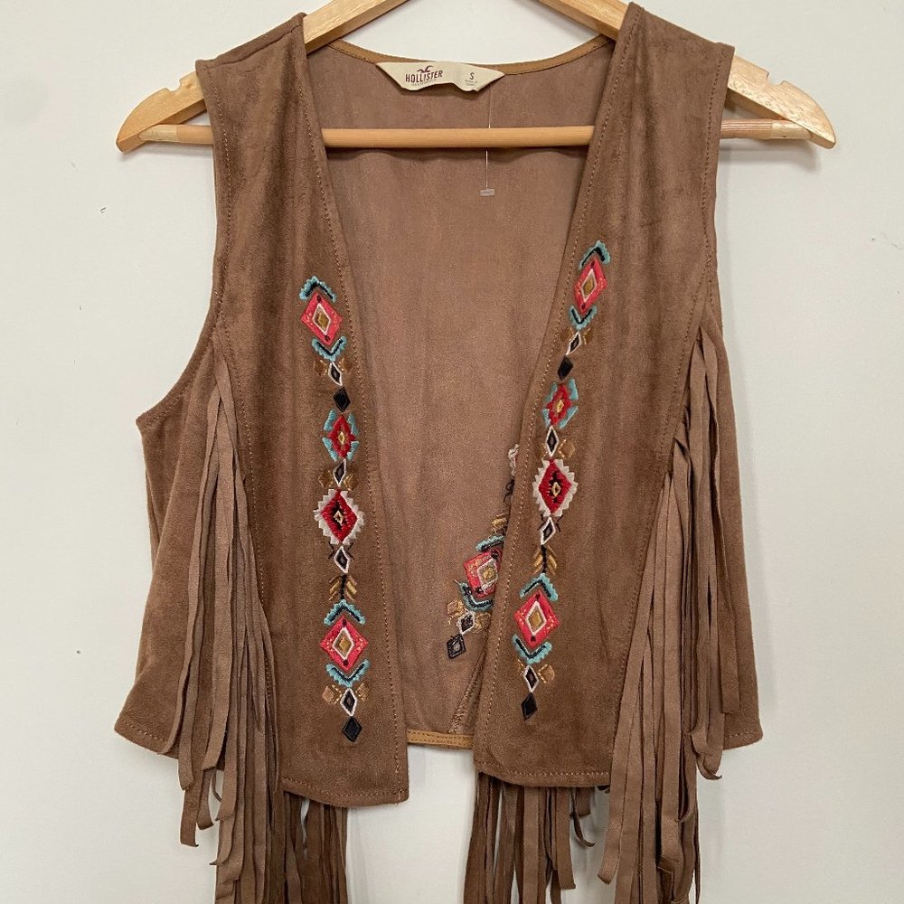Hollister brown fringe colorful embroidery vest